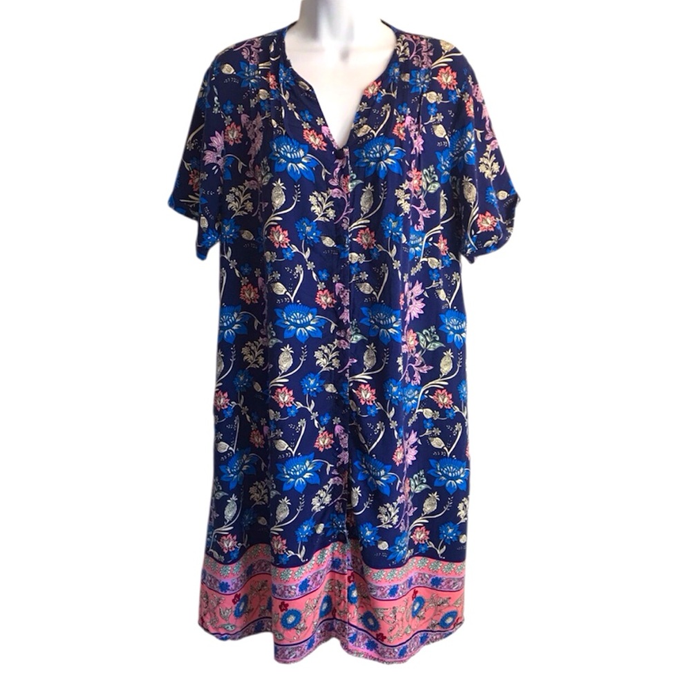 Amazon Women’s XL Multi Blue Floral V-Neck SS Button Up House Midi Dress NWOT - Picture 2 of 16